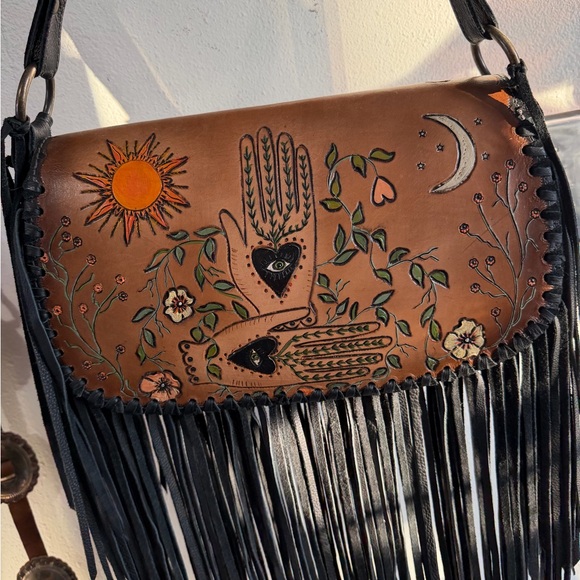 Handmade Brown Leather Fringe Shoulder Bag with Black Heart Eye Motif - Picture 7 of 7